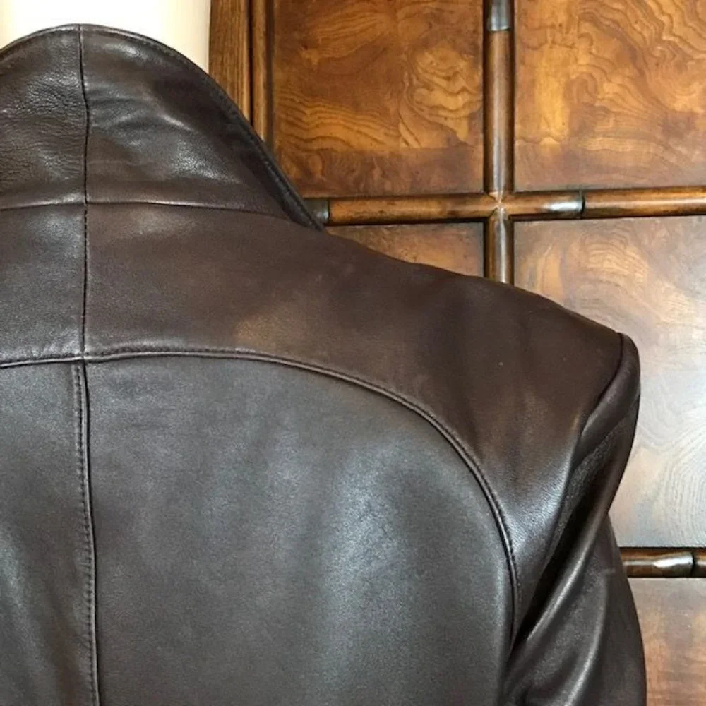 Anne Klein Genuine Lambskin Leather Couture Cocoa Wide Lapel Blazer - Picture 9 of 13